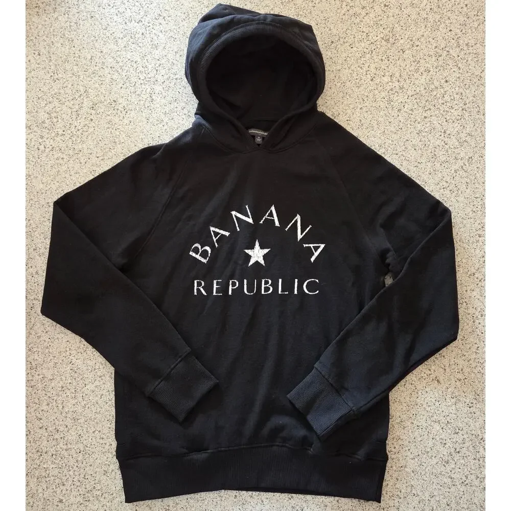 Banana Republic Men's Logoed Print Black Garment Dye Hoodie Sweatshirt NWOT✨️M